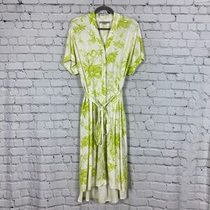 All Saints Rosin Riyaz Dress Green and White Dolman Sleeves High Low Hem Belted